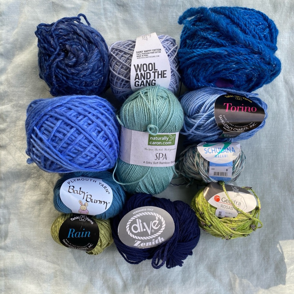 Lot of 11 blue green yarn skeins Merino wool cotton angora bamboo handspun